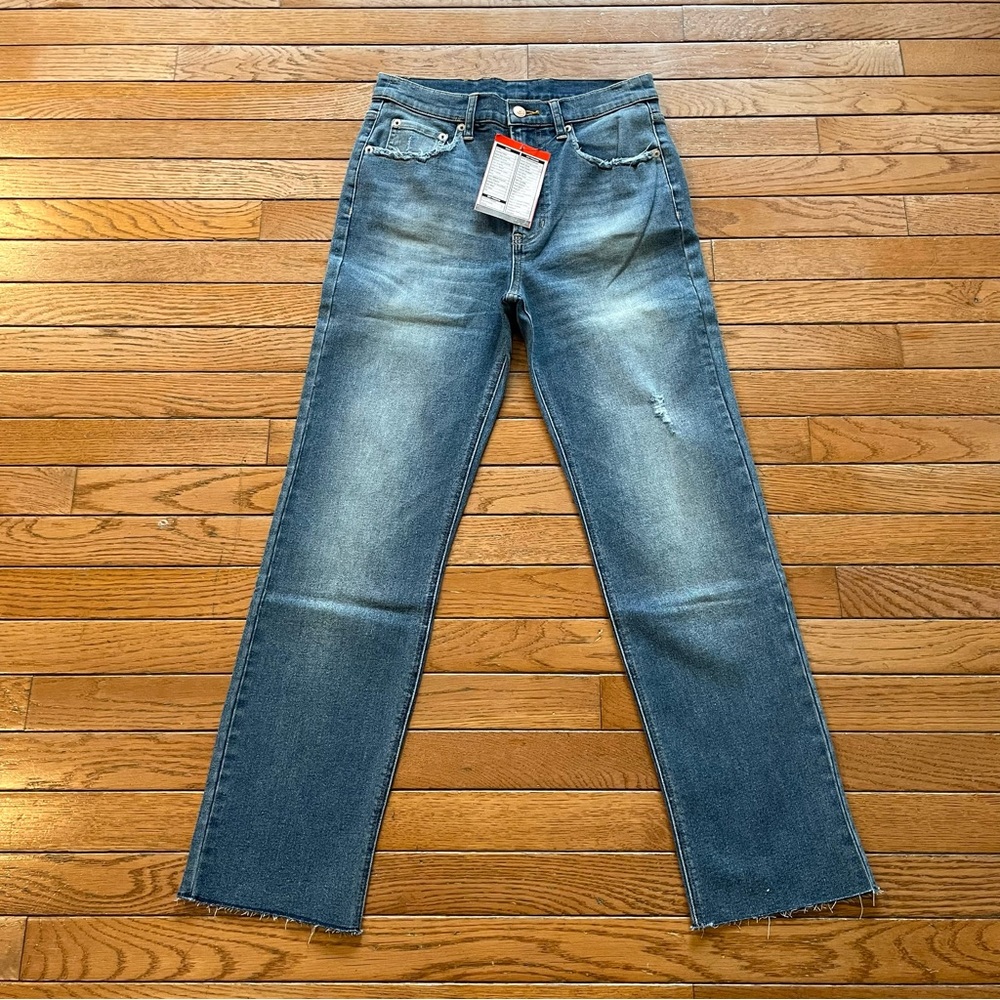 Jordache Heritage Womens Straight Distressed Destroyed Med Blue Stretch Jeans 4